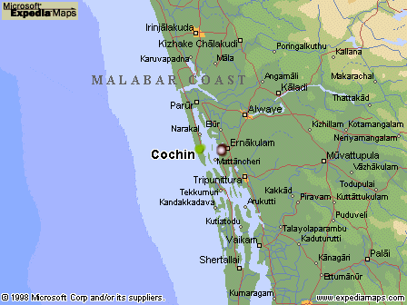 A detailed map of Cochin, featuring key landmarks, roads, and points of interest within the city - euppy